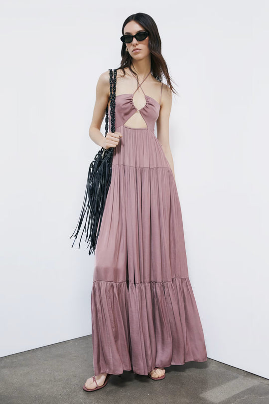 2A3065 A772 Long satin dress with cut-out B885